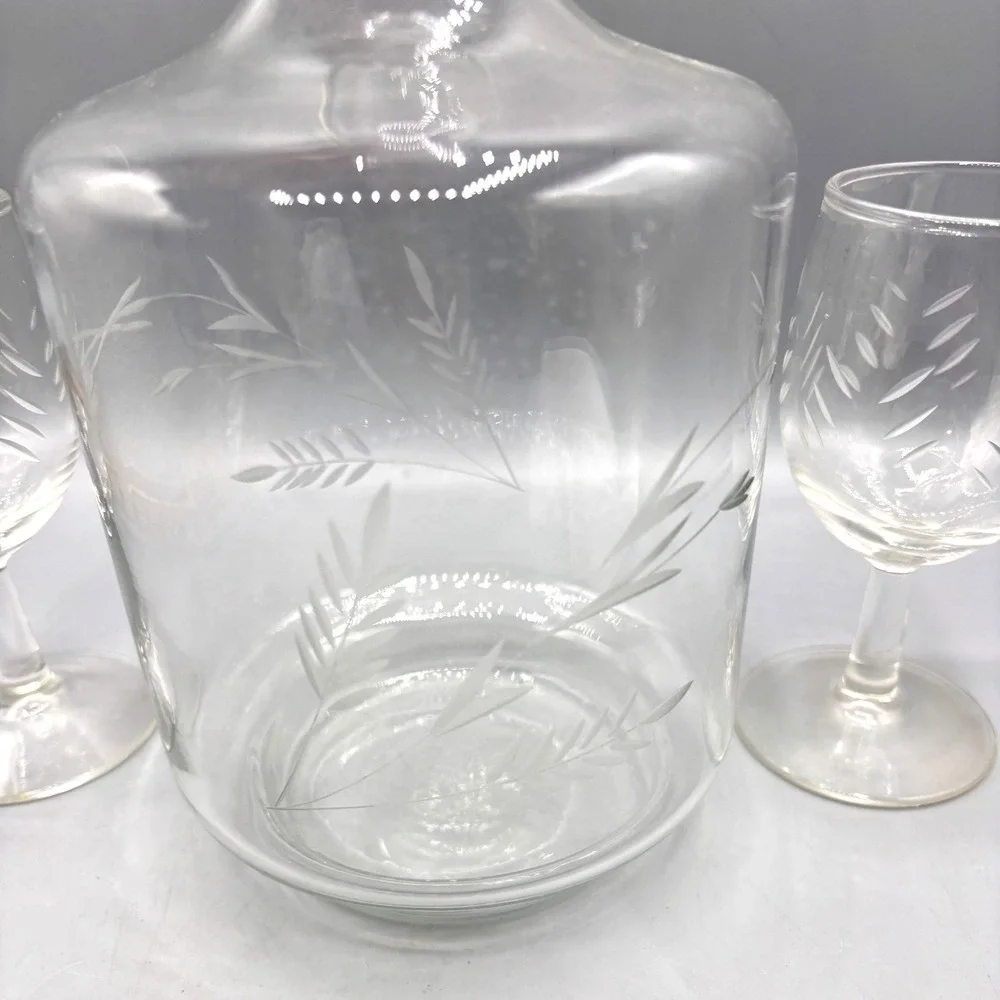 Vintage Etched Wheat Glass Decanter Set with Stopper and 3 Cordial Glasses Clear